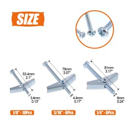 Rustark 24-Pcs 1/4'' 1/8'' 3/16'' Zinc Plated Steel Round Head Toggle Bolt and Wing Nut Assortment Kit for Hanging Heavy Items on Drywall