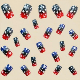 4th of July Press on Nails Red Blue Gradient Independence Day Fake Nails Medium Square False Nails with White Stars Designs Bling Full Cover Patriotic Acrylic Nails for Women DIY Manicure 24 Pcs