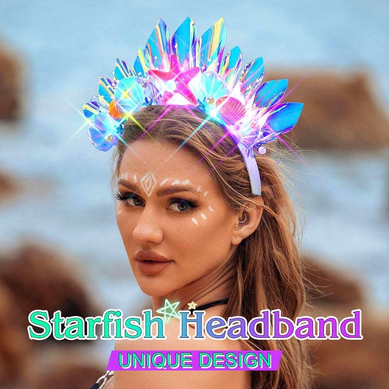 Evlry LED Crown Headband Luminous Shell Headpiece Glitter Starfish Beads