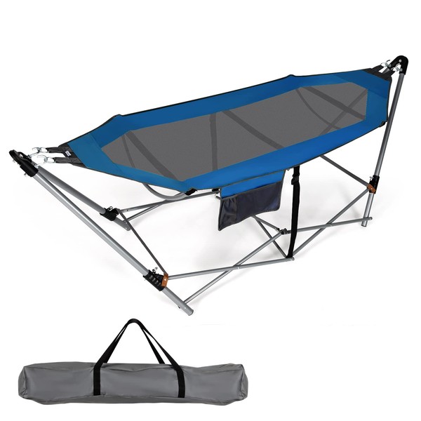 GLOBALWAY Portable Folding Hammock w/Side Pocket, Lounge Camping Bed w/Metal