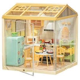 Miniature House Kit Meals Kitchen, DIY Plastic House Building Toy Set with Roof &2 Doors, Mini Dollhouse Kit with LED for Mini Figures Construction Toys Diorama Kit Gifts for Teens Adults