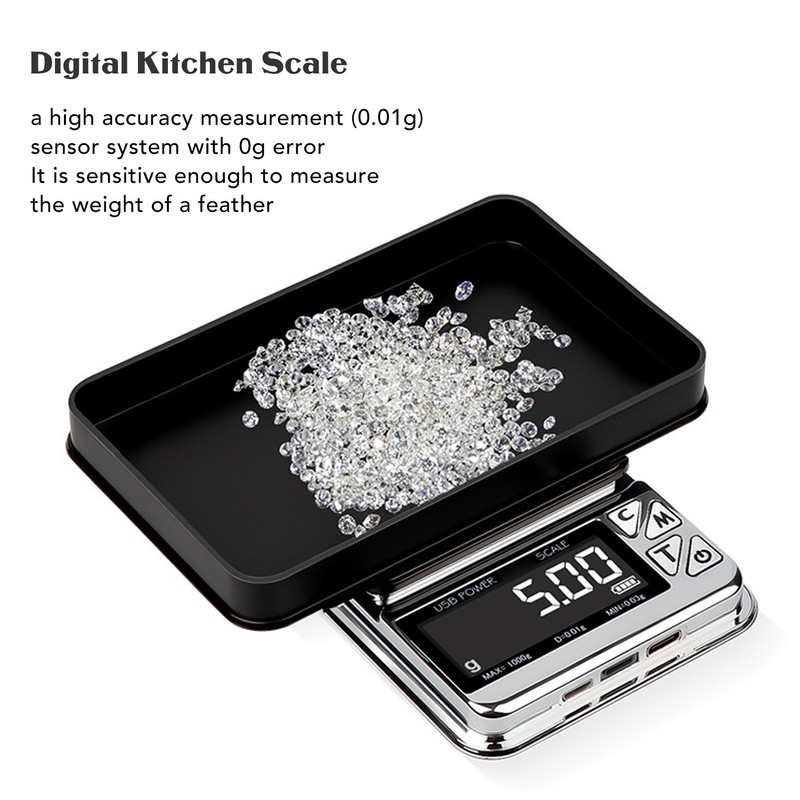 Home Digital Kitchen Scale 200g/0.01g‑1500g/0.1 High Accuracy USB Rechargeable Stainless
