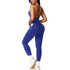 RXRXCOCO Strappy Back Workout Sets for Women 2 Piece Padded Tank Tops Hidden Scrunch Butt Lifting Leggings with Pockets Blue Small