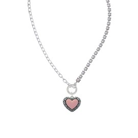 Delight Jewelry Silvertone Large Pink Enamel Heart with Swirl Border Stronger Braver Smarter Mixed Cable and Imitation Pearl Chain Choker Necklace, 14.75-17"