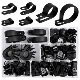 Cozlly Pack of 200 Nylon Cable Clamps, Black Nylon R Clips, Hose Attachment P-Type Clamps, Wire Clamps, Cable Clips, Assortment Kit with Storage Case for Cables, Lines and Hoses