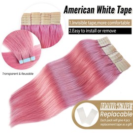 Tape In Extensions Human Hair Pink Tape In Hair Extensions 20inch Pink Human Hair Tape On Hair Extensions Invisible Natural Hair Extensions 50g/Pack 20pcs
