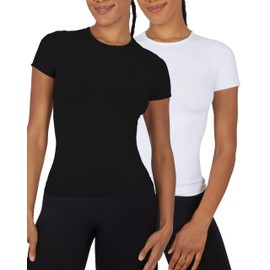 Yogalicious Womens 2 Pack Skin Crew Neck Fitted Short Sleeve Top - Black/White - Small