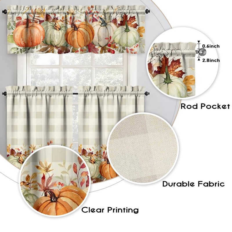 Fall Thanksgiving Kitchen Curtains Valances and Tiers 3 Piece Set,Orange,White,Green,Pumpkin