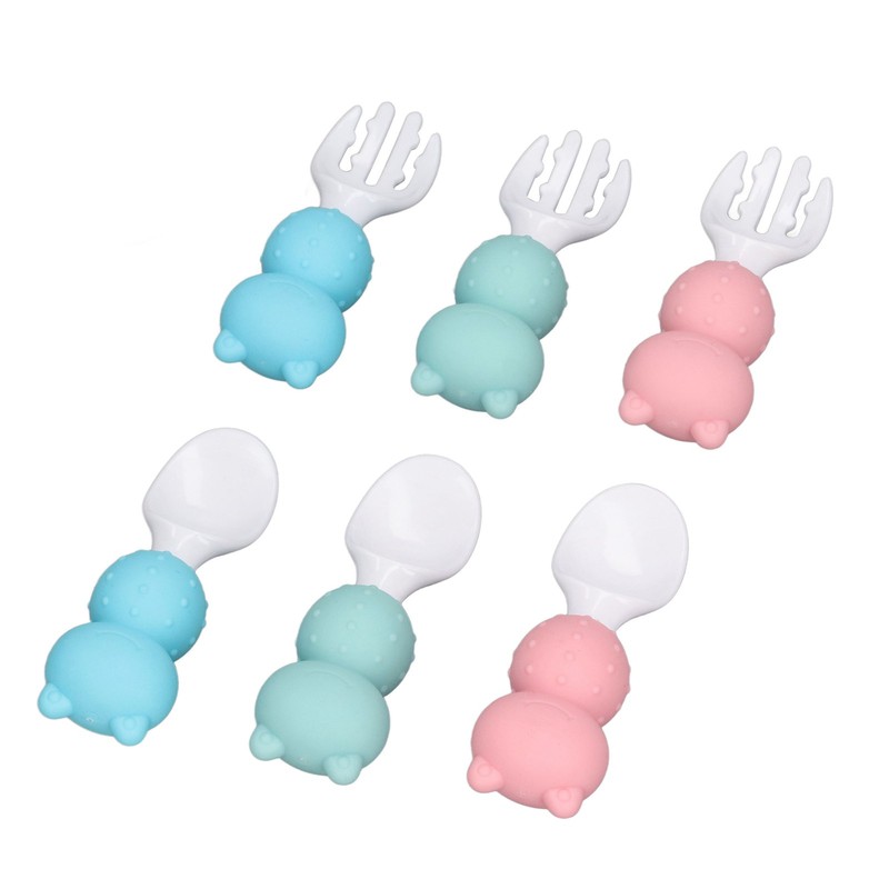 Baby Spoons Forks Set Short Handle Silicone Self Feeding Utensils