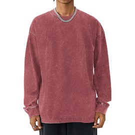 FULFIDREAM Oversized Workout Shirts for Women Heavy Cotton Acid Washed Vintage Unisex Long Sleeve Casual Loose Solid Basic Tee Tops Red