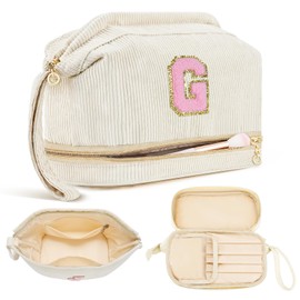 Bolsa de maquillaje de viaje, personalizable de doble capa, bolsa de maquillaje para mujeres, bolsa de maquillaje abierta de iniciales, bolsa organizadora para niñas, bolsas de viaje de maquillaje espaciosas - G, G