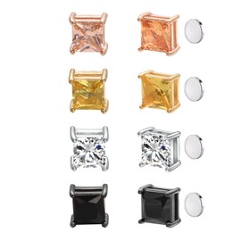 Asienice 4 Pairs Magnet Earrings for Men Multi Colour Stainless Steel Square CZ Magnetic Stud Earrings Not Pierced Clip On Earrings Hip Hop Earrings, Stainless Steel, Cubic Zirconia