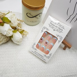 24Pcs Spring Press on Nails Short Square Fake Nails with 3D Flower Design Blue Nail Tip False Nails Glossy Acrylic Nails Full Cover Glossy Stick on Nails for Women Spring Summer Nail Manicure