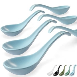 Artena 6.75 inch Solid Asian Soup Spoon Set of 6,Ultra-fine Porcelain Japanese Soup Spoon, Ramen Spoons for Pho Noodles Miso, Chinese Soup Spoons for Dumpling Wonton Cereal, Deep Oval Hook Design-Blue