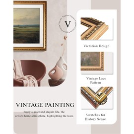 VIYYIEA Gold Framed Large Wall Art Canvas Print Vintage Countryside Landscape Home Decor Farmhouse Tranquil Sunset Over Fields Wall Decor for Living Room Oil Painting Picture Aesthetic Bedroom 24x36in