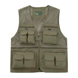 Ziker Men's Mesh Breathable Openwork Camouflage Journalist Photographer Fishing Vest Waistcoat Jacket Coat (US, Alpha, Large, Regular, Regular, Light Khaki)