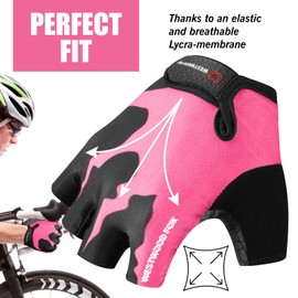 Cycling Gloves Half Finger Unisex Padded Grips Palm Bicycle Summer Riding MTB Bike Gloves for Men Women Non-Slip Fingerless Short Mountain Bike Ride Sports Hiking Mitts Climbing Gym (Pink, M)