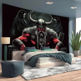 FENDROM Norse Viking Tapestry Odin Warrior Sword Axe Raven Tapestries Square Knot Tattoo Wall Hanging Nordic Meditation Runes for Men Bedroom Aesthetic Gothic Room Home Decor