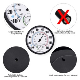 Indoor Outdoor Thermometer Large Waterproof Wall Patio Weather Thermometer No Battery Required Hanging Decor (White)