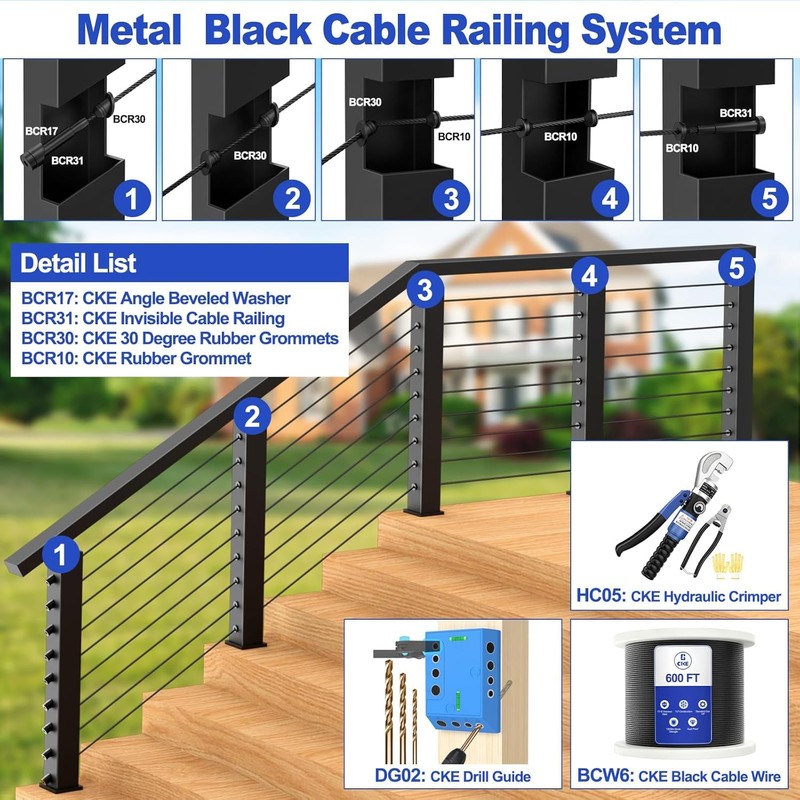 CKE 60 Pack Black Invisible Cable Railing Kit, T316 Stainless