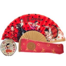 Flamenco Fan Edge Spain with Leather Case Made in Spain, Red Flamingo Red Case, One size