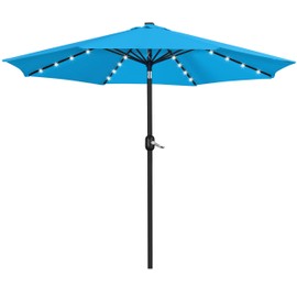 Yaheetech 11FT Solar Powered Umbrella Outdoor Patio Umbrella with 32 LED Lights and 8 Ribs - UV Protection Table Umbrella for Pool, Deck, Yard, Sky Blue
