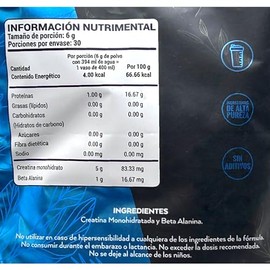 Creatina Beta Alanina 180 g Sin sabor Pure Health.