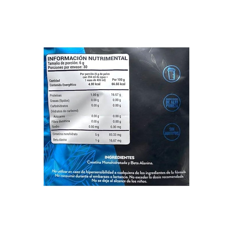 Creatina Beta Alanina 180 g Sin sabor Pure Health.
