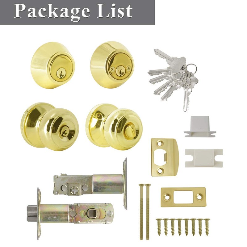 Probrico Door Knob and Double Cylinder Deadbolt Lock Set, Polished