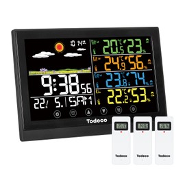 Todeco Wireless Weather Station with 3 Outdoor Sensors - Large Colour Display, Indoor Outdoor Digital Thermometer, Hydrometer Moisture, Weather Forecast, Air Pressure Display, DCF Received Signal