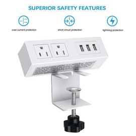 2 AC Outlet Desk Clamp Power Strip, Desk Mount USB Charging Power Station, Removable Desktop Power Center Plugs Output 125V/60HZ/12A/1500W, USB 5V/3A 6.56FT Cable