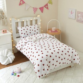 Ruccit Red Heart Kids Single Duvet Cover Set Boys Girls 100% Cotton Quilt Duvet Cover White Love Heart Bedding Set 2pcs- Single Duvet Cover & Pillowcase Set, Soft,Breathable,135x200cm