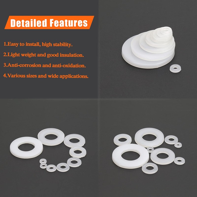 HELIFOUNER 500 Pieces M2 White Nylon Flat Washers, Plastic Washers,