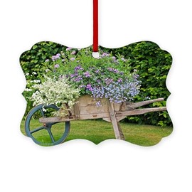 CafePress Wooden Wheelbarrow Planter Scroll Holiday Ornament 4" x 2.75"