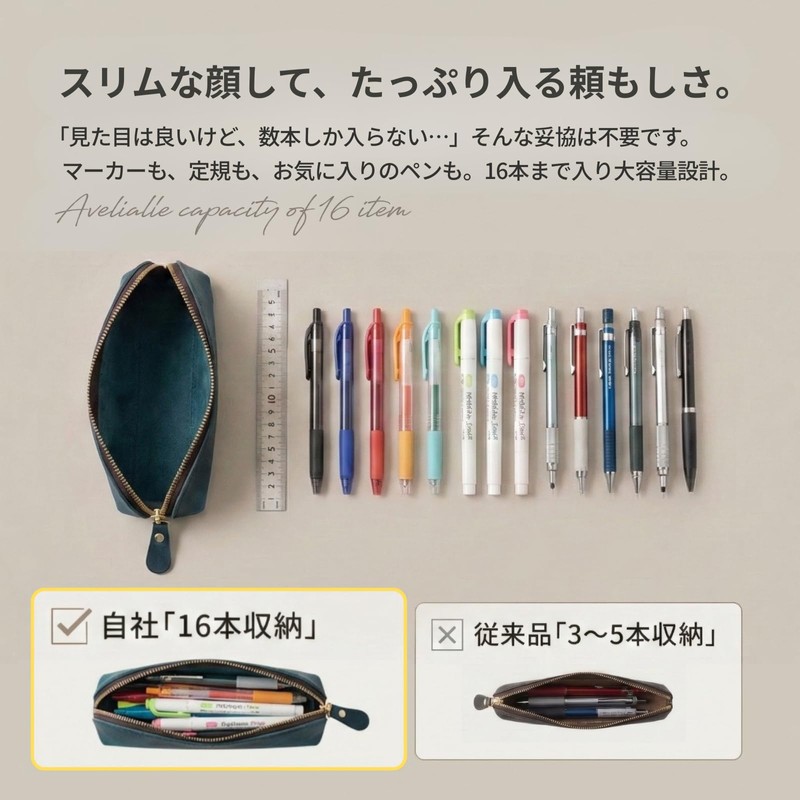 Any Select Shop Genuine Leather Pencil Case, Large Capacity, Holds