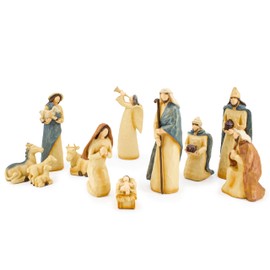 Christmas Complete Indoor Nativity Scene with Minimalistic Wood Appearance Figurines of The Holy Family, Wisemen, Shepard, Angel and Animals (11 Pieces)