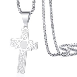 VASSAGO Cross Star of David Pendant Necklace for Men Women Crucifix Cross Pendant with Hexagon Stainless Steel Religious Jewish Christian Protection Jewelry Gifts (Silver Cross Necklace-Box Chain)