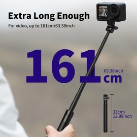 63in Selfie Stick Tripod for Gopro Camera, Kaitezenz Long Extendable Tripod Stand Selfie Vlog Handle Portable Lightweight 7 Sections for GoPro Max Hero 13 12 11 10 9 8 7 DJI OSMO Action Camera