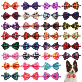 Pai Sence Plaid Dog Bow Ties Bulk 30 Pcs Adjustable Dogs Bowties for Large Dogs Bow Ties Pet Party Grooming L