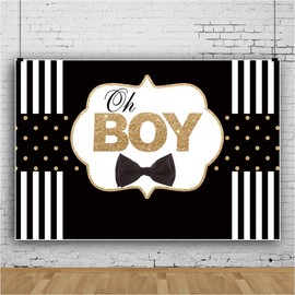 Haoyiyi 8x6ft Baby Shower Backdrop Oh Baby Black Bow Tie Gentleman Gold Glitter Dot Black and White Striped Photography Background Newborn Infant Gender Reveal Party Wallpaper Decor Photo Shoot Props