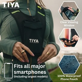 TIYA Phone Holder Running Vest – Waterproof Smartphone Pouch, Zero Bounce, Ultra Lightweight & Reflective – Extra Pocket Holds Keys, Cards & Gel – Adjustable – for Men & Women - Grey
