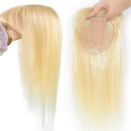 Anemone Jewelry 613 Blonde Human Hair Toppers For Women Clip In Toppers With Fringe Straight Hair Bangs Toupee Middle Part Wiglets Hairpieces (14 inch)