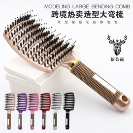 Hair Extension Brush Large Curved Rib Comb Boar Bristle Anti-Static Curved Massage Comb 9-Row Comb Style Boar Bristle Gold + One Pack 30ea