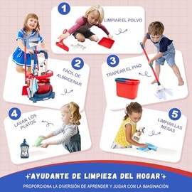 Juguetes del Hogar Juego de Limpieza para Niños Set de 12 Piezas Desmontables con Escoba Trapeador y Recogedor Kit de Limpieza Montessori y Juguetes d