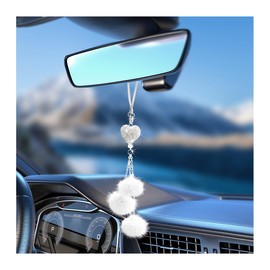 povtii Bling Car Hanging Ornament, Cute Love Heart and Plush Ball Pendant for Auto Rear View Mirror, Lucky Diamond Rearview Mirror Charm for Women Girls, Car Accessories (White, Heart)
