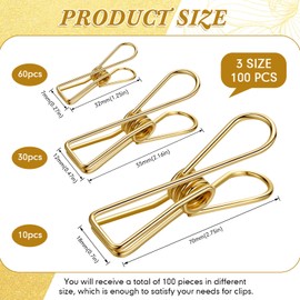 100 Pcs Paper Clips Metal Wire Hollow Out Clips Multi Purpose Utility Clips Invoice Bill Paper Clips Stainless Steel Hanging Clothes Pins for School Kitchen Outdoor Office (Gold,Small, Medium, Large)