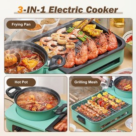 Zorpupoa Hot Pot Electric with Grill, 1600W 3 in 1 Smokeless Non-Stick Barbecue Shabu Hot Pot with Dual Temp Control, Multifunctional Teppanyaki Grill Pot, Shabu Korean BBQ for 3-5 People
