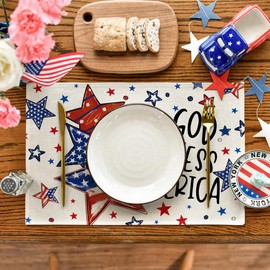 Artoid Mode God Bless America Stars Patriotic 4th of July Placemats Set of 4, 12x18 Inch Memorial Day Table Mats for Dining Decoration