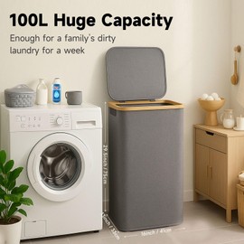 Collapsible Hampers for Laundry Basket with Lid - Extra Large 100L/26 Gallon Foldable Laundry Hamper, Portable Storage Bin for Dorm & Gym | Sturdy Dirty Clothes Hamper with Carrying Handles, Gray