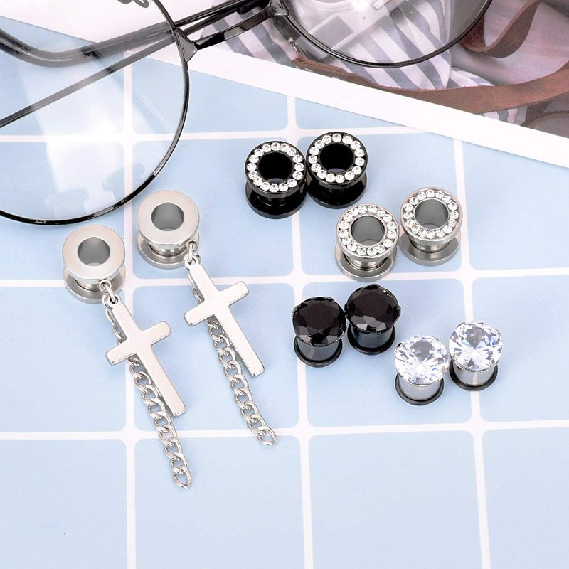 Beautidots 6 Pairs Stainless Steel Ear Gauges CZ Diamond Plugs